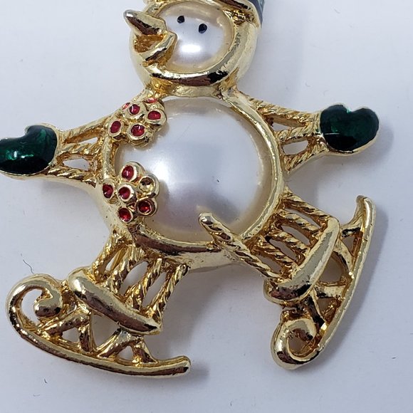 Gold Tone Enamel Snowman Ice Skating Brooch Pin - Picture 3 of 6